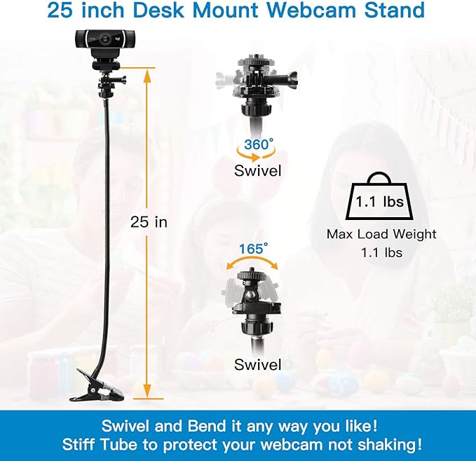 Pipishell 25 Inch Webcam Stand, Flexible Desk Mount Clamp Gooseneck Stand for Logitech Webcam C960 C930e C930 C920 C920S C922x C922 Brio 4K C925e C615 and Other Devices with 1/4" Thread-PIWS01