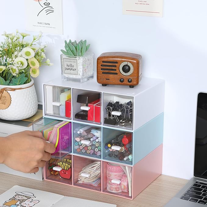 OSteed Desktop Drawers, Desk Organizer with 9 Drawers, Stackable Plastic Storage Box for Home Collection, Cosmetics, Jewelry, Office Supplies (3 Tiers, Mixed Colors)