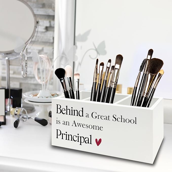 XPH Principal Gifts Pen Pencil Holder Organizer for Desk, Gifts for Principals Women Men, Behind a Great School Is an Awesome Principal Wooden Box Sign for Office Workplace Desk Tabletop Decorations