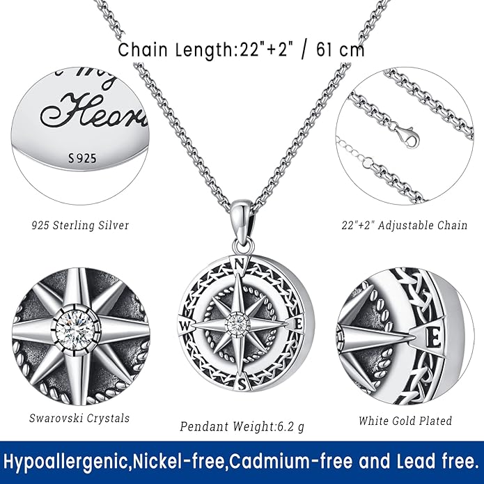 Compass Necklace for Women Men 925 Sterling Silver Pendant Urn Necklaces for Ashes Picture Locket Necklace Anchor Necklace Viking Necklace Crystals CZ Moonstone Abalone Shell Turquoise Compass Jewelry