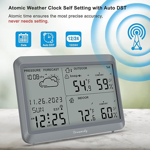 DreamSky Weather Station Indoor Outdoor Thermometer Wireless - Atomic Clock with Indoor/Outdoor Temp, Date & Day, Battery Powered, Home Weather Forecast Clock with Inside Outside Temperature Humidity