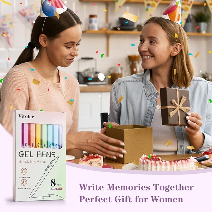 Piochoo Gel Pens, 8pcs Black Ink Pens Ballpoint Smooth Writing,0.5mm Cute Pens for Journaling Writing, Cute Office School Supplies Christmas Stocking Stuffers Gifts for Women Nurses