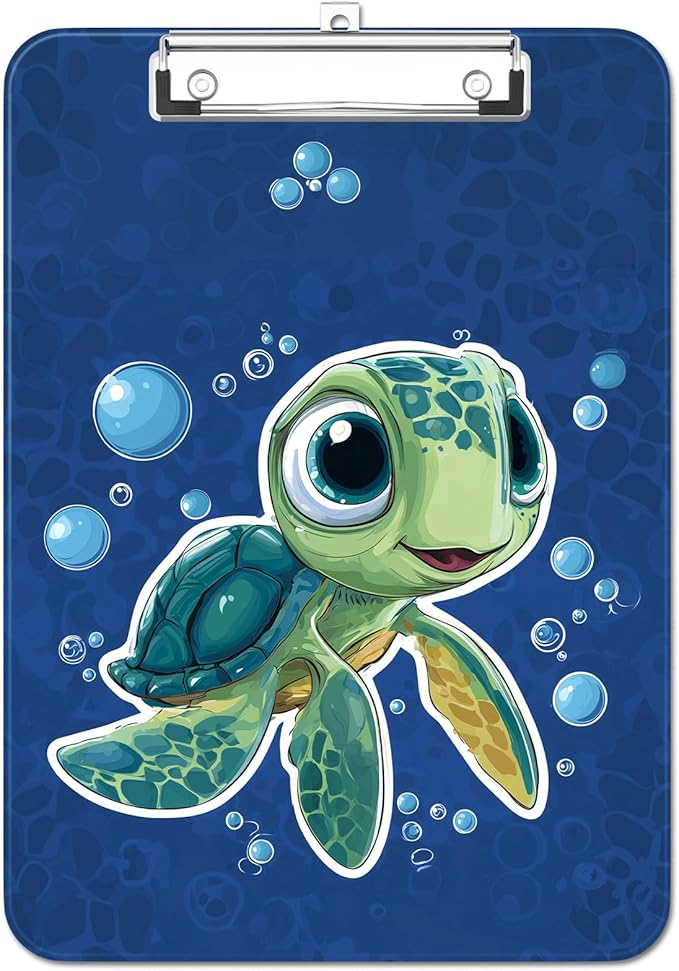 Luminzo Plastic Cute Clipboard Low-Profile Metal Clip, A4 Letter Size 9 x 12.5 in, 8.5 x 11 Paper Clip Board for Teachers, Nurses, Classroom,Cute Turtle