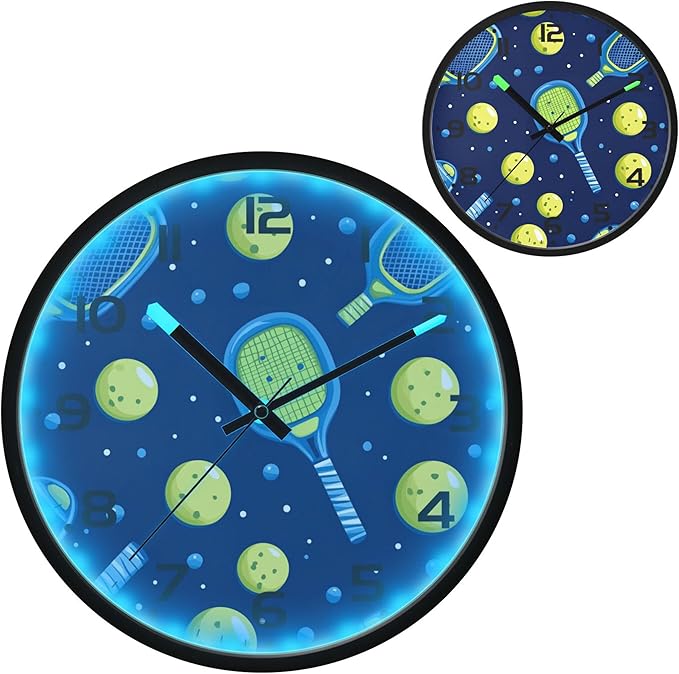 Vozoza Pickleball Game Sports 12 Inch Analog Wall Clocks Battery-Operated with Led Lights for Living Room Bedroom Kitchen Office Decor, Battery Not Included