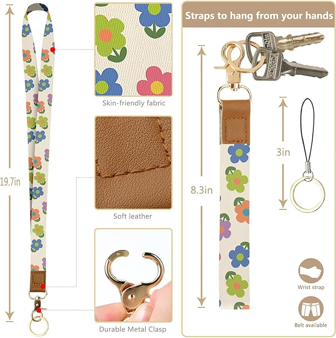 bolimoss 2-in-1 ID Badge Holder & Lanyard Wallet, Cute Floral Lanyard with Wallet, ID Badge Holder with Neck & Wristlet Lanyard, Pu Leather Zip Id Case Wallet with Breakaway Lanyard, Keychain Wallet