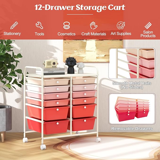 LDAILY 12 Drawer Rolling Storage Cart, Craft Cart Organizer on Wheels w/Metal Frame, Large Capacity & Smooth Drawer, Rolling Cart w/Drawers for Classroom, Office
