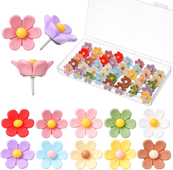 50Pcs Flower Push Pins for Cork Board Decorative Cute Push Pins for Bulletin Board Floral Wall Thumb Tacks for Corkboard Flower Pushpin for Bulletin Boards Wall Decor Hanging Photo Poster Office Home
