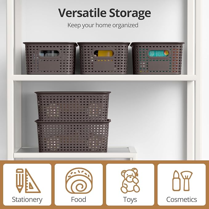 ZFTMRR Plastic Storage Basket with Lid, Stackable Small Box Bins for Organizing and Containers for Shelves Drawers Desktop Closet Playroom Pantry Classroom Office Home, 8 Pack 10.2x7.2x4.1 Inch, Brown