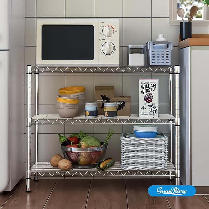 Guan River 3-Shelf Adjustable Metal Shelf Wire Shelving Storage Rack for Office,Kitchen,Bedroom,Bathroom,Laundry,Pantry Basement,Garage(Chrome,36" L x 14" W x 30" H)
