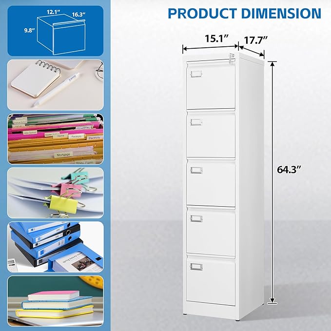 BYNSOE 5 Drawer File Cabinet with Lock Metal Vertical File Cabinet Office Home Vertical File Cabinet for A4 Legal/Letter Size Narrow File Cabinet Locked,Assembly Required (White, 5 Drawers-Vertical)