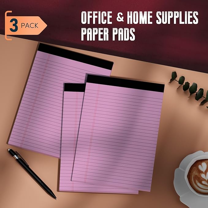 Roneky Pink Legal Pads 8.5 x 11 Wide Ruled Notepads, 3 Pack Note Pads 8.5 x 11 Lined Paper Pink Writing Pads 30 Sheets per Notepad Double-Side Printed Colored Legal Pads for Home, Office, School