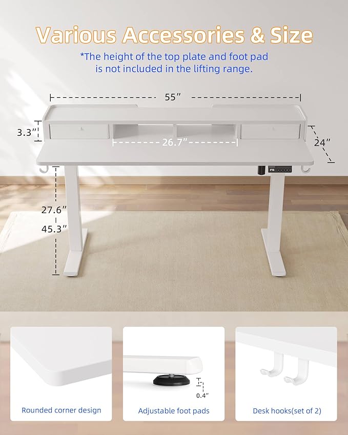 YIHAYO Electric Standing Desk with Drawers, 55 x 24 Inches Adjustable Desk with Storage Shelf, Stand Up Desk with Splice Board, Computer Table for Home Office,White Frame/White Top