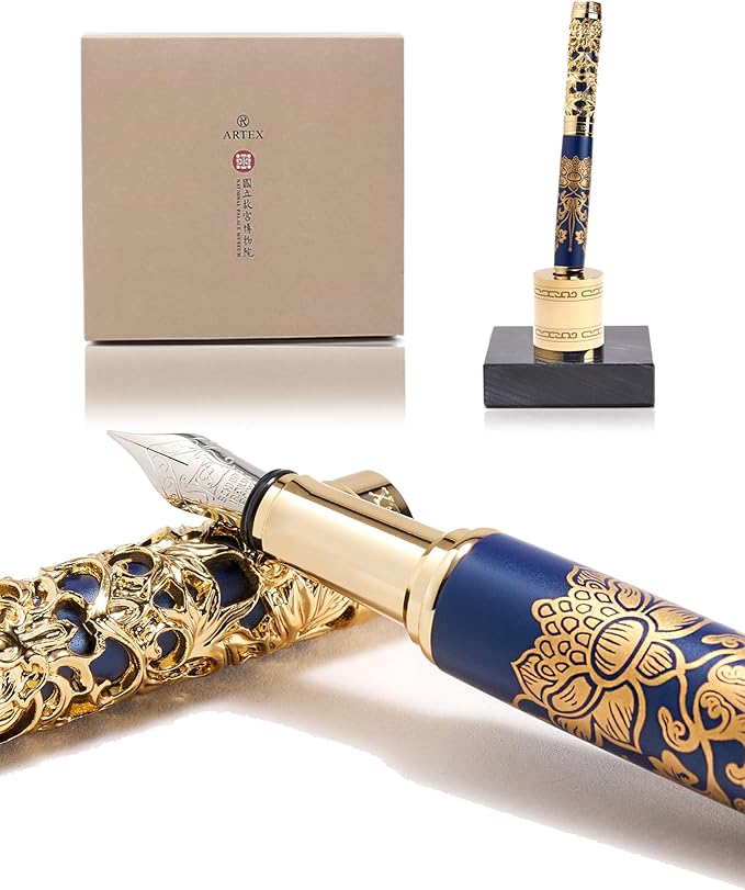 ARTEX Luxury Fountain Pen Set With Stand - Museum Art Collections - Crafting Timeless Beauty - the Best Gift & Office Desk Decor, German SCHMIDT Fine Nib, Solid Metal & Marble Texture