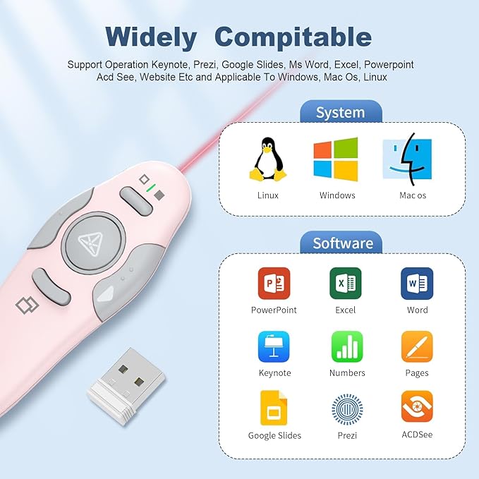 QUI Presentation Clicker Wireless Presenter Remote Clicker for PowerPoint Presentation Remote, PowerPoint Slide Advancer for Mac/Windows/Linux, Google Slide/PPT/Keynote, USB A, Pink