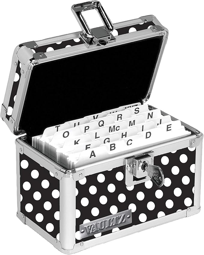 Vaultz Locking Index Card File Box with Flip Top, Holds 350 3x5 Cards, Black & White Polka Dot (VZ03715)