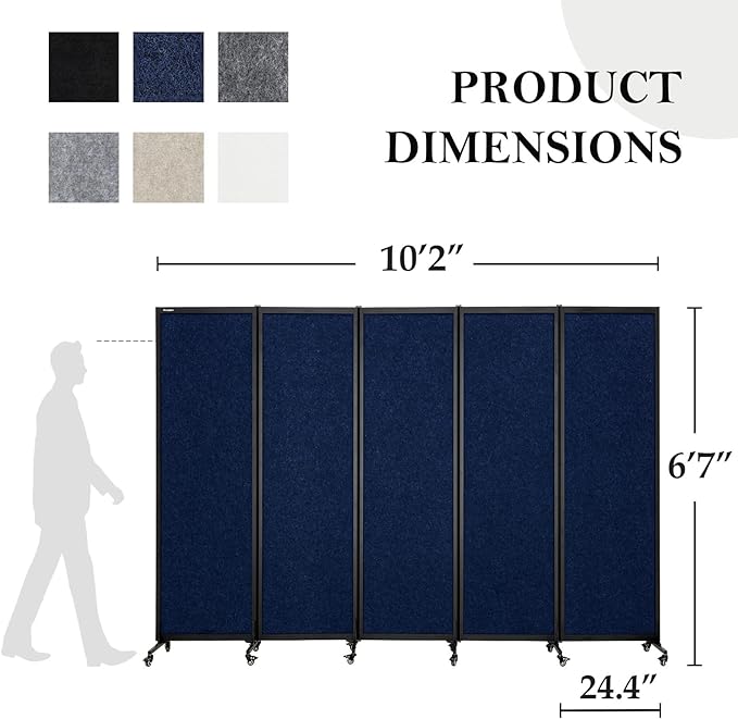 Upgrade Version Room Partition and Divider, Freestanding Rolling Dividers with Wheels,Office Privacy Screen Divider Wall,Classroom Felt Dividers,10'6"L* 6'7"H,5 Panel,Blue