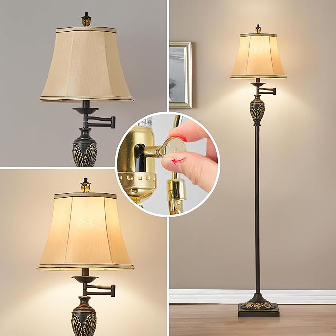 Traditional LED Floor Lamp with 350° Adjustable Swing Arm Lamp – Vintage Standing Pole lamp for Living Room, Bedroom and Office – Rustic Upright Floor Light for Home Décor with Silk Fabric Shade