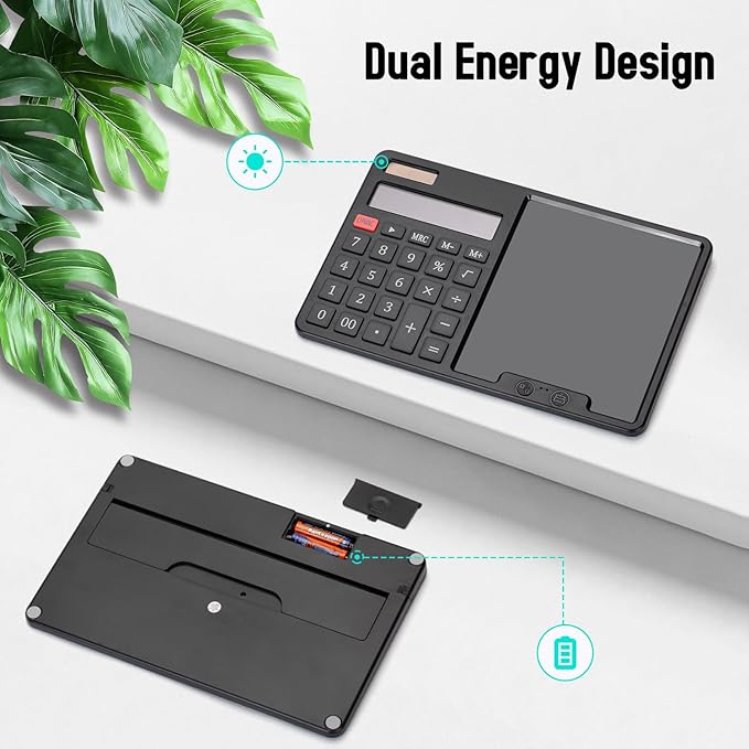 HIHUHEN Calculator with Writing Pad - Solar & Battery Dual Power Supply - 12-Digit Large Display Calculator for Business and Office Use (Black)