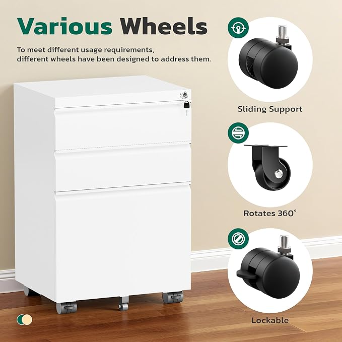 Greenvelly 3 Drawer Mobile File Cabinet with Lock, Fully Assembled Rolling File Cabinet Except Casters, Under Desk File Cabinet with Wheels for Home Office Fit Legal/Letter/A4 File (Assembled, White)