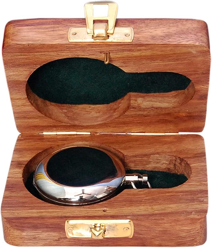 Bazross Brass Nautical Compass with Wooden Case - Antique Brass & Copper Sun Clock for Camping, Hiking, Touring - Engraved Gift for Him - Nautical Clock - Compass Gift