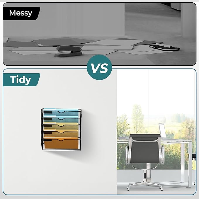 SUPEASY Wall File Organizer Mesh Office Mail Holder, Hanging Wall Organizer Magazine Rack for Office Black, 5 Tier