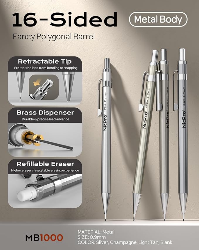Nicpro 4 Pack Metal Mechanical Pencil Set 0.9mm, MB1000 Lead Drafting Pencil 0.9 mm with 6 Tube HB #2 Lead Refill, 3PCS 4B Eraser, 9 Cap Eraser for Artist Writing, Sketching, Drawing- Come with Case