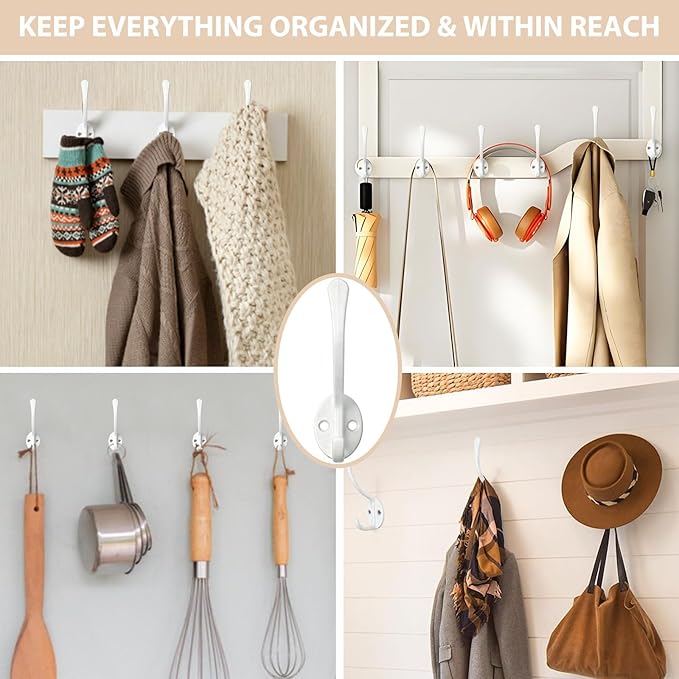 Homanu 10 Pack Coat Hooks Wall Mounted with 20 Screws, Heavy Duty White Towel Hooks Metal Double Hooks, No Rust Retro Rustic Wall Hooks for Hanging Towel, Coat, Scarf, Bag, Hat, Cup, Key