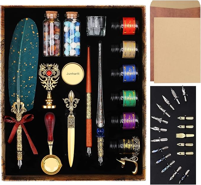 Junhartt Quill Feather Pen and Ink Set, Calligraphy Pen Glass Dip Pen and Wax Seal Stamp Kit (Green)