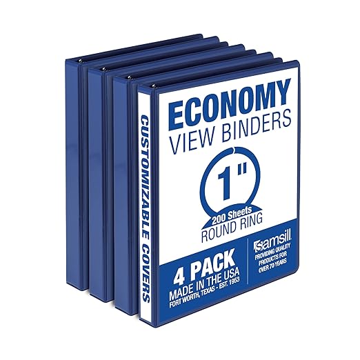 Samsill 1 Inch 3 Ring Binders, Made in USA, Economy Round Ring, Clear View Cover, 200 Sheet Capacity - for School, Home, Office - Blue, 24 Pack