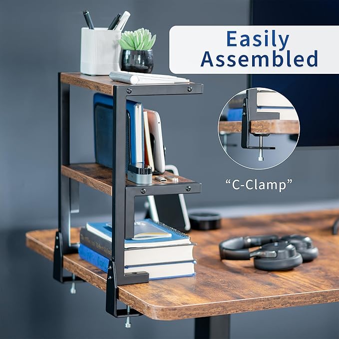 VIVO Clamp-on 13 inch Above or Below Desk 2-Tier Shelving Unit for Table Accessories, Gaming Devices, and More, Storage Tray, Desktop Organizer, Rustic Vintage Brown, STAND-SHELF2C-N