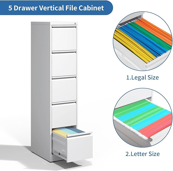 FLIXELIO 5 Drawer File Cabinet with Lock,Metal Vertical Filing Cabinets for Home Office,Heavy Duty File Storage Cabinet for Letter/Legal/A4/F4 Size File,Assembly Require (White, Vertical 5 Drawer)