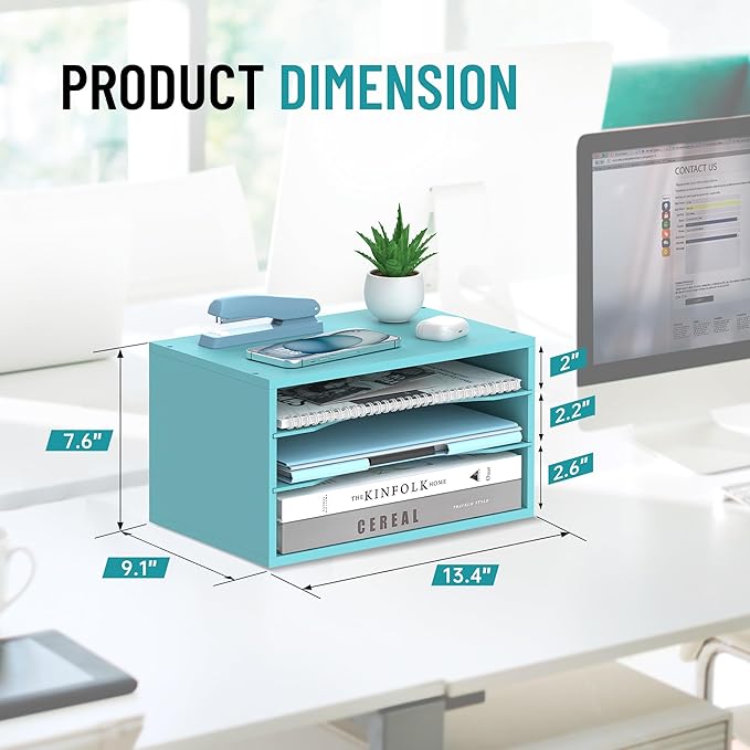 SHARKWOODS Wood Desk Organizer, 3 Tier Paper Tray Organizer for Desk with Adjustable Storage Shelves, Desktop File Organization Paper Sorter Mail Holder for Office Home Classroom, Blue
