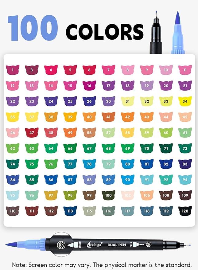 AEDAGA 100 Colors Numbered Dual Tip Brush Pens with Free App, Fine and Brush Tips Pens for Adults, Coloring Markers for Coloring Book Bullet Journaling Note Taking Planner Hand Lettering