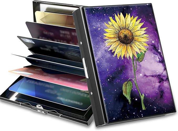 BWEGRHE Slim Credit Card Holder, Sunflower Yellow Purple Galaxy RFID Blocking Metal Wallet for Men & Women, Aluminum Minimalist Hard Case Pocket-Sized Business Cards Organizer (Fits Up to 10 Cards)