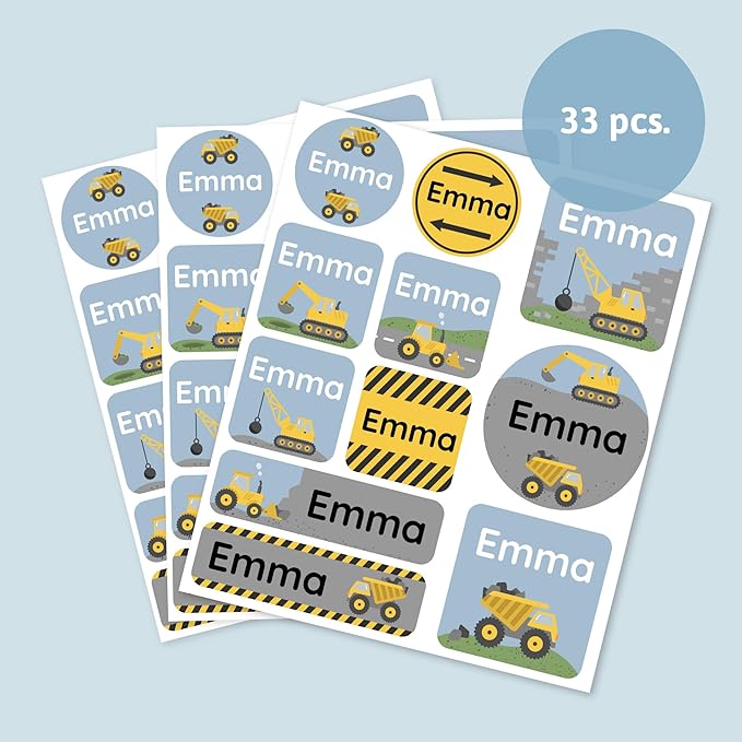 Large Name Labels for Kids (33) - Custom Stickers for Daycare and School Supplies - Durable, Waterproof Stickers for Water Bottles, Lunch Boxes, and More with Unique Designs - Constructions