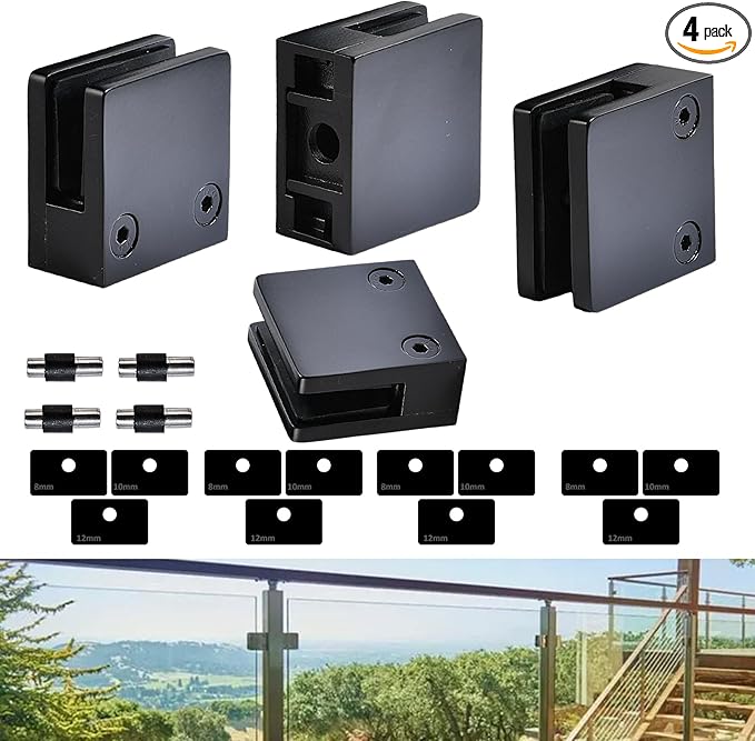 Glass Clamp－4PCS Adjustable Glass Shelf Bracket, 1/3 "-1/2 " 304 Stainless Steel Glass Clamps, Glass Clamp Bracket is Suitable for Railing, Stairs, Glass Wall, All Kinds of Glass (Black-4pcs)