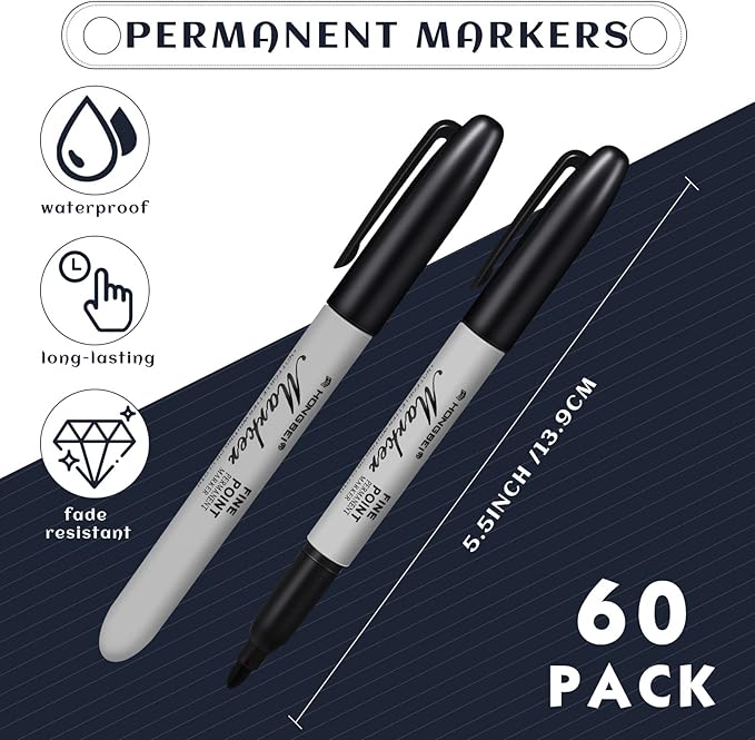 Thenshop 60 Pack Black Permanent Markers Bulk - Fine Point Permanent Marker Quick Drying Waterproof Pens for Doodling Writing Marking Classroom Work on Wood Metal Stone Glass, Office School Supplies