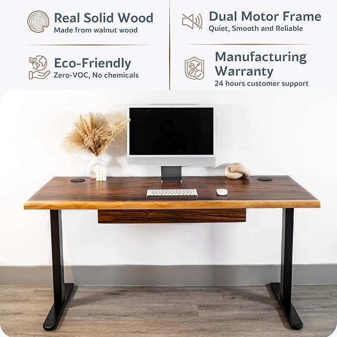 Standing Desk with Drawer – Walnut Solid Wood Desk, Natural Live Edge, Adjustable Height Dual Motor, Sit Stand for Home Office (Black, W60 x D27)