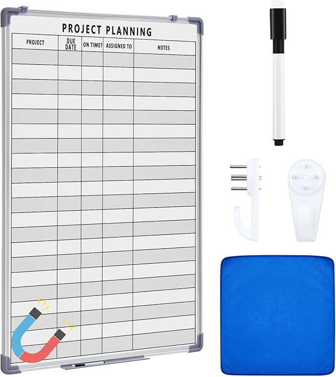 Lincia Project Planning Dry Erase Whiteboard Magnetic Dry Erase Board with Lines Sliding Marker Tray Aluminum Frame White Board Planner for Wall Scheduling(24"x 36",Project Planning Vertical)