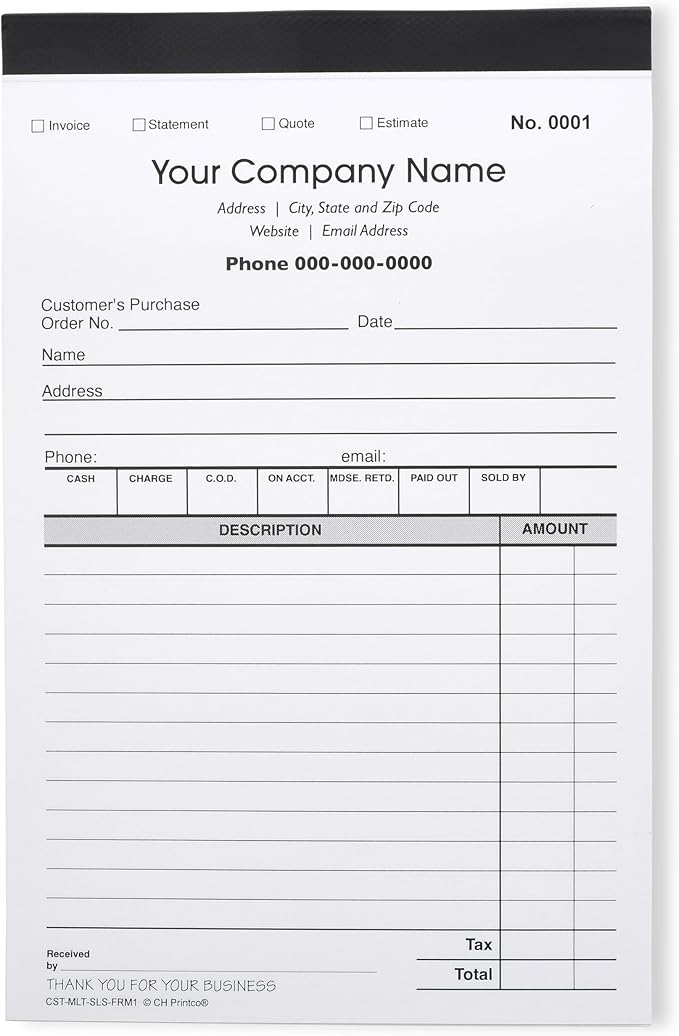 Custom Sales, Invoice, Statement, Estimate, Quote, Personalized Multipurpose Duplicate Carbonless Form with Your Company Name - 5 Books (250 Sets) Numbered