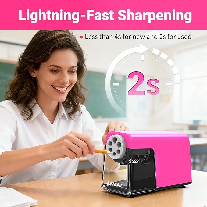 AFMAT 6-Hole Electric Pencil Sharpener Heavy Duty, Pencil Sharpener for Classroom, Cordless &Rechargeable, Colored Pencil Sharpeners for 6-11mm Pencils, Auto Stop, Super Fast, 10,000+ Sharpenings PSD1