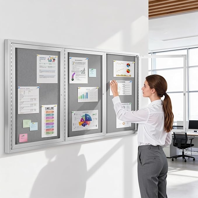 SWANCROWN Weather Resistant Enclosed Bulletin Board Gray Fabric Displays Boards Wall Mounted Notice Cabinet with Three Locking Doors, 70x36 inches