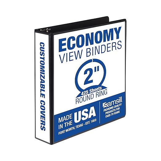 Samsill 2 Inch 3 Ring Binder, Made in USA, Economy Round Ring, Clear View Cover, 425 Sheet Capacity - for School, Home, Office - Black