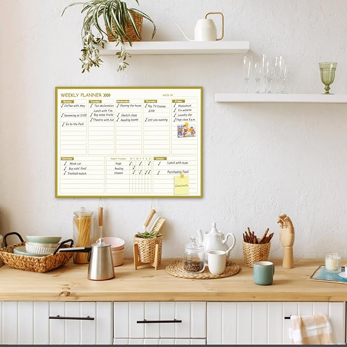 Gold Weekly Dry Erase Board for Wall,12"x16",Small Magnetic Dry Erase Weekly Calendar Board,Gold Metal Frame Weekly Planner Whiteboard for to Do List, Memo, School, Home, Office, Kitchen-GZ