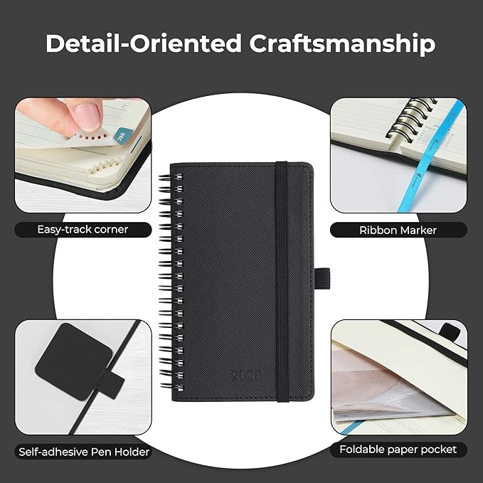 IN-LUXPRO Planner 2026 Daily Weekly and Monthly,6.5"x3.75",12 Months Spiral Bound Calendar Agenda with Self-adhesive Pen Holder,2026 Appointment Book with Vegan Leather Soft Cover,Black