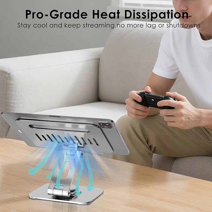 Gorablix Tablet Stand for Desk, 360° Swivel for iPad Holder, Aluminum Adjustable Tablet Holder, Compatible for iPad Pro Air Mini Surface Pro Samsung Galaxy Tabs Kindle, 4-12.9 inch, Silver