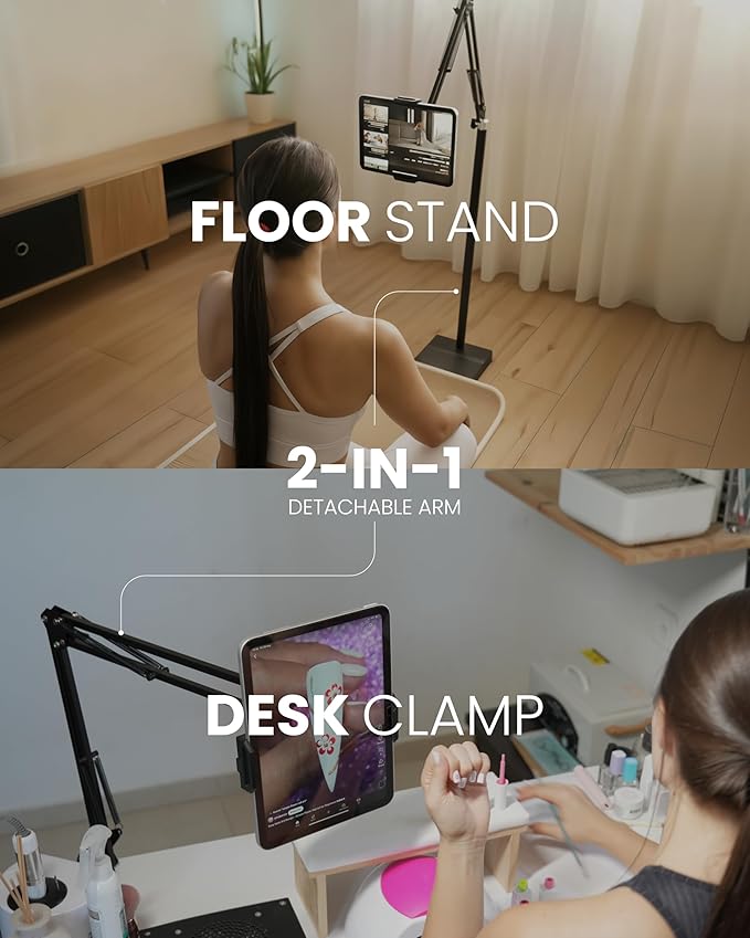 2-in-1 Tablet Floor Stand with tablet stand for desk – Stable 8lb Base with Stretchable Arm for Bed, Couch, or Desk Compatible with iPads, Galaxy Tabs, Surface Pro, Phones & E-Readers (4.7"–12.9")