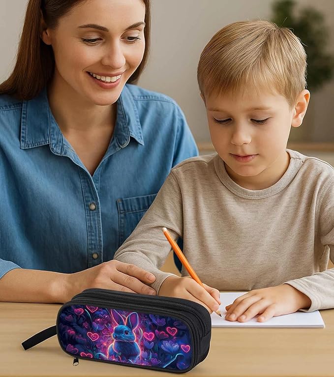 AnySmic Bunny Pencil Case for Boys Girls, Large Durable Pencil Pouch for Kids, Big Capacity Pen Case with 2 Compartments, Double Zipper, Pen Bag Organizer for Child Age 6+