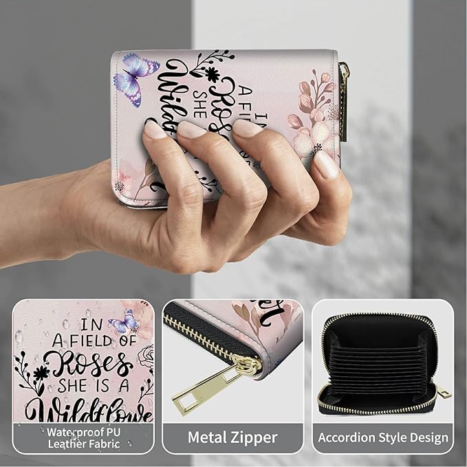 BWEGRHE Cute Credit Card Holder with Zipper, Sakura Butterfly RFID-Blocking Card Case Small Wallet for Women Men, Multi-slot Card Organizer Case Travel Accordion Wallet