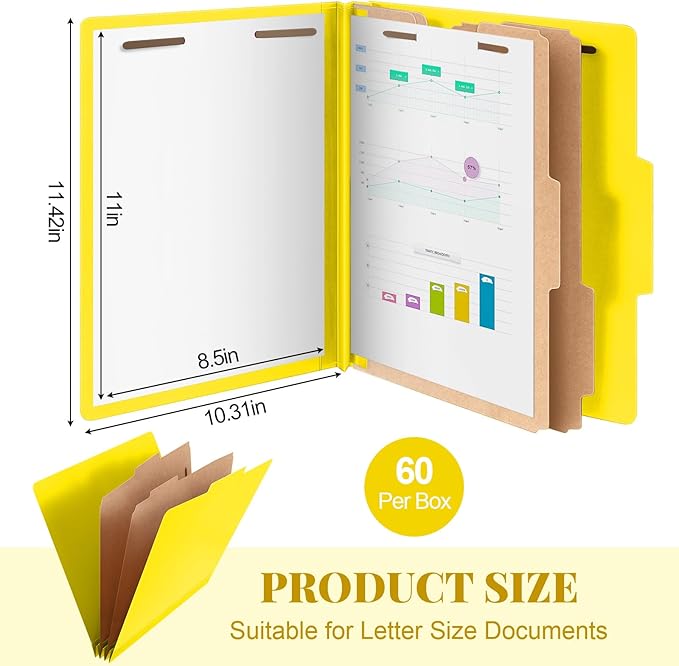 Skyygemm 60 Pcs Classification Folders Letter Size, 2 Divider Pressboard File Folders with 3. 5 Inch Expansion, 2 Prongs Fastener, Heavy Duty Office File Organizers for Teachers, Medical (Yellow)